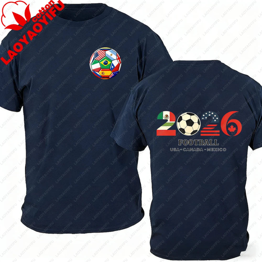 Men's 100% Cotton 2026 Soccer Football T-Shirt USA Canada Mexico Casual Sports Fan Print Short Sleeve Top Oversized T Shirt