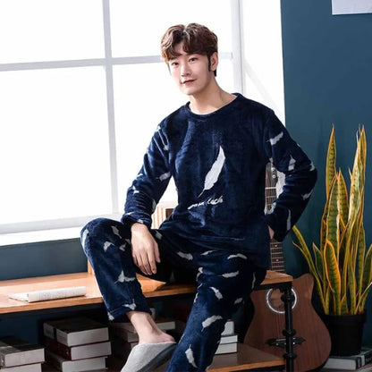 Winter New Thickening Round Neck Long Sleeve 2 Piece Outfit Set Man Flannel Man Clothing Set Advanced Printing Lounge Sets Man