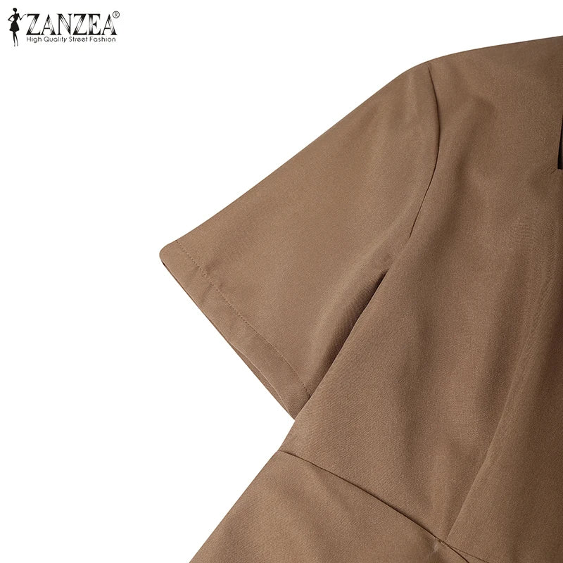 ZANZEA Elegant Office Work Dresses 2025 Women Summer Dress Square Neck Party Sundress Fashion Short Sleeve Pleated Vestidos Robe