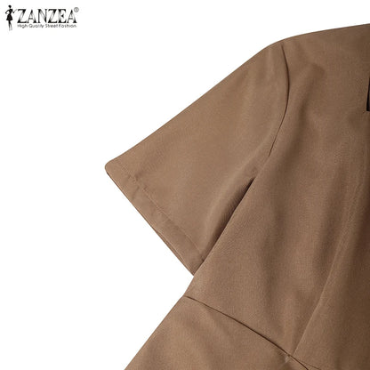 ZANZEA Elegant Office Work Dresses 2025 Women Summer Dress Square Neck Party Sundress Fashion Short Sleeve Pleated Vestidos Robe
