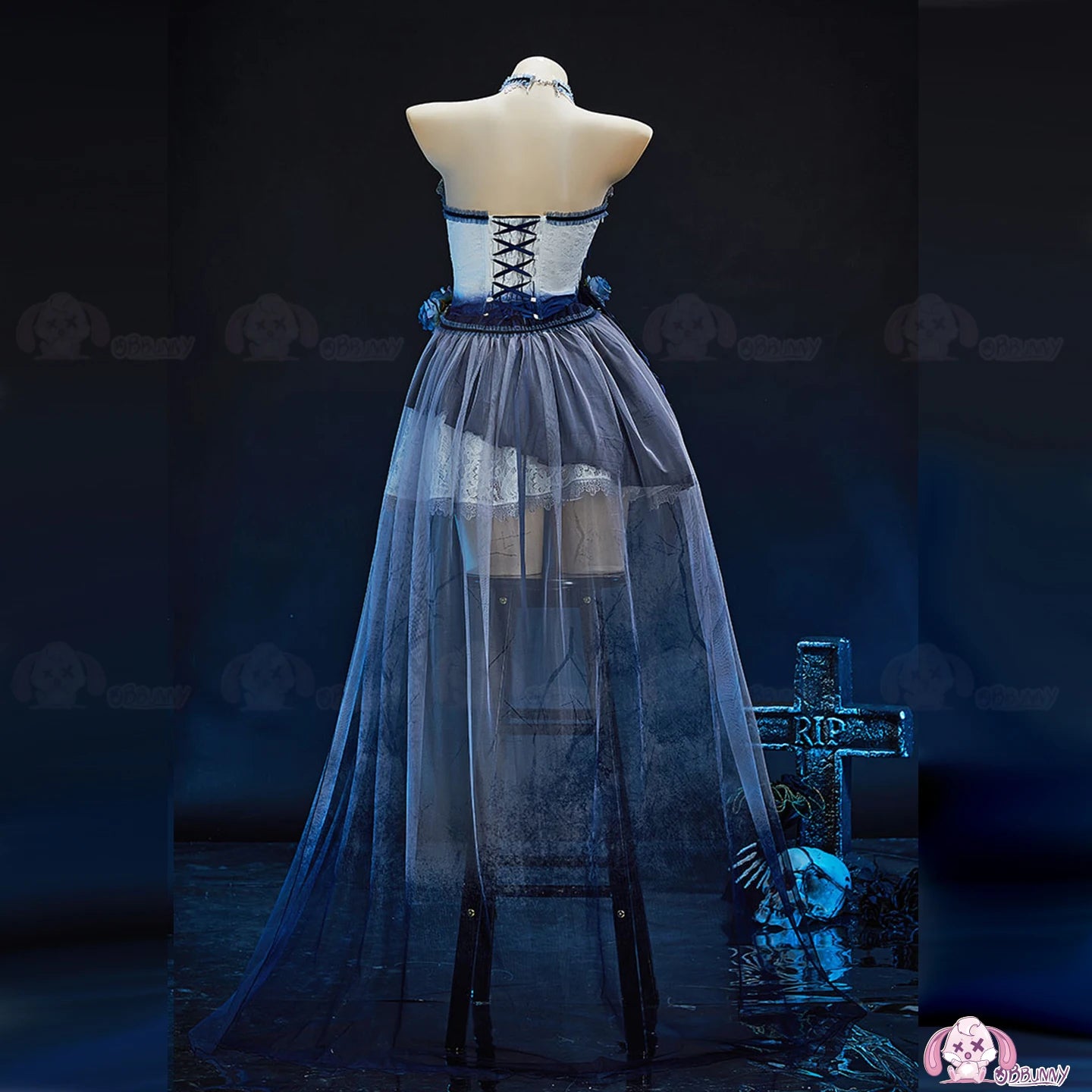 Zombie Bride Cosplay Costume Blue Ombre Gothic Victorian Lace Dress Halloween Anime Game Role Playing Outfit For Women Men