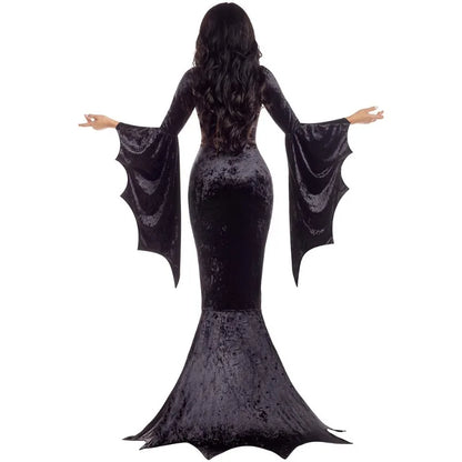 Witchy Costume Morticia Addams Long Train Dress Halloween Terror Dark Outfit Gothic Gown Robe Bat Sleeve Horror For Adult