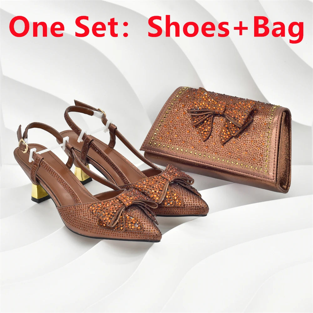 2025 Fashiona Banquet Exquisite Party Top Luxury Pointed Toe Bowtie Bright Diamond Summer Women's High Heels Shoes and Bags Set