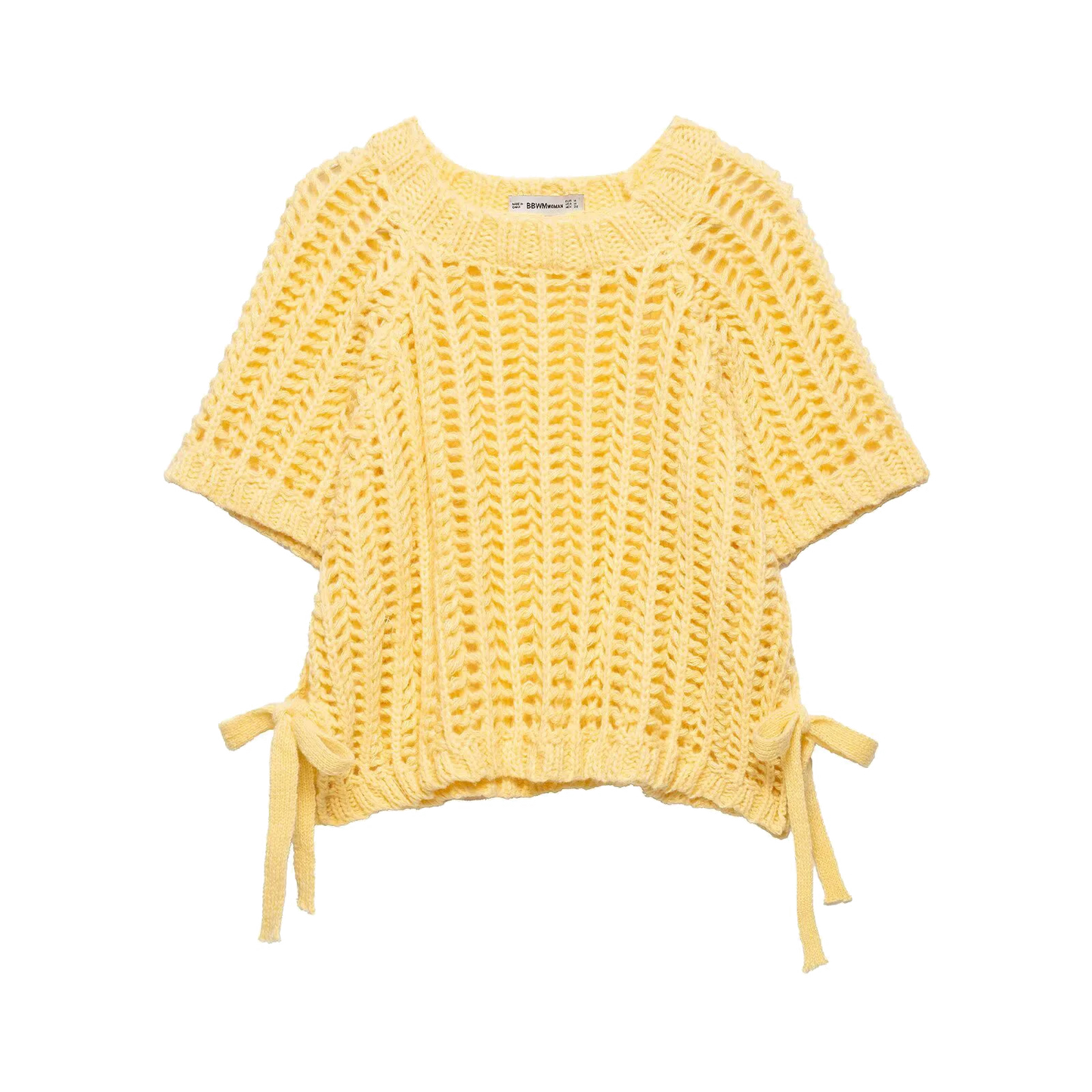 EDSA Women Chunky Knit Top with Side Straps O-Neck Short Sleeves Hollow Out Cropped Sweater Pullover for Casual Female
