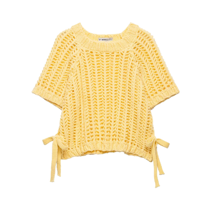 EDSA Women Chunky Knit Top with Side Straps O-Neck Short Sleeves Hollow Out Cropped Sweater Pullover for Casual Female