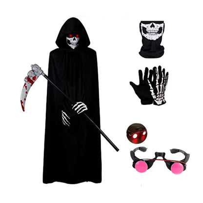 Kid Halloween Costume Set with Glowing Red Eyeglasses Skeleton Mask Death Cloak and Sickle Accessories for Scary Dress Up Partie