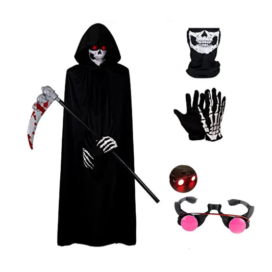 Kid Halloween Costume Set with Glowing Red Eyeglasses Skeleton Mask Death Cloak and Sickle Accessories for Scary Dress Up Partie