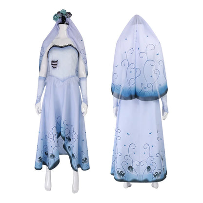 Bride Emily Cosplay Costume Wig Zombie Ghost Emily Blue Printed Dress Gothic Clothing Halloween Party Princess Dress Suit