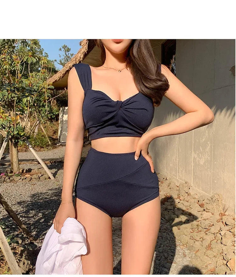 Korean Goddess Bikini Set Women's Two-Piece Triangle High-Waist Thermal Spring Swimsuit Small Chest Ideal for Swimming
