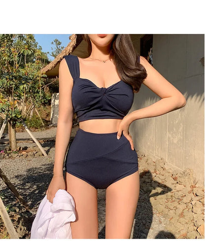 Korean Goddess Bikini Set Women's Two-Piece Triangle High-Waist Thermal Spring Swimsuit Small Chest Ideal for Swimming