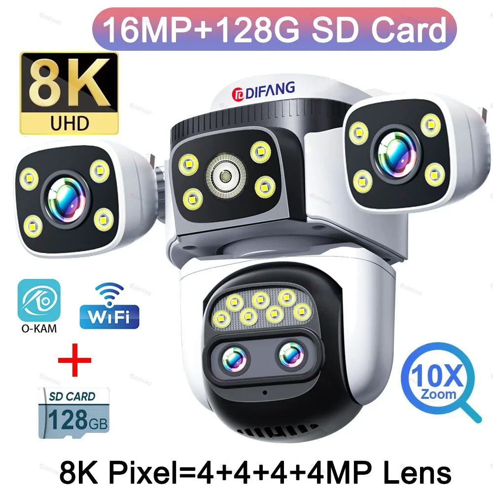 10K WiFi Cam 20MP Wireless Outdoor 10X Zoom Three Screen Four Lens 720° PTZ Automatic Tracking Waterproof Security Camera CCTV