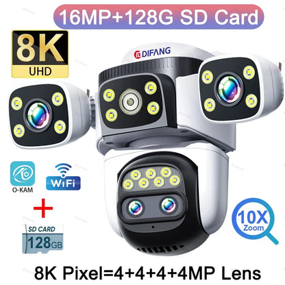 10K WiFi Cam 20MP Wireless Outdoor 10X Zoom Three Screen Four Lens 720° PTZ Automatic Tracking Waterproof Security Camera CCTV