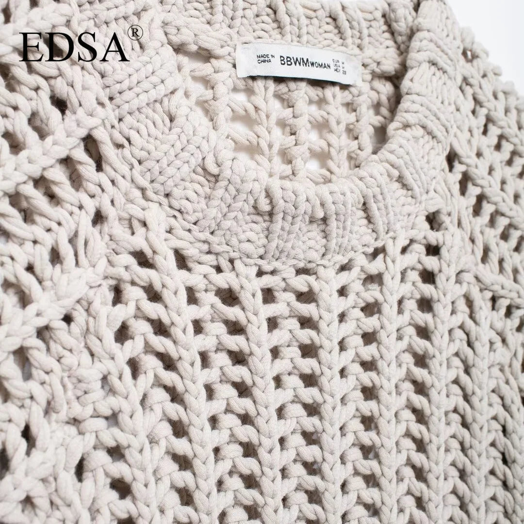 EDSA Women Chunky Knit Top with Side Straps O-Neck Short Sleeves Hollow Out Cropped Sweater Pullover for Casual Female