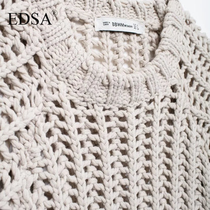 EDSA Women Chunky Knit Top with Side Straps O-Neck Short Sleeves Hollow Out Cropped Sweater Pullover for Casual Female