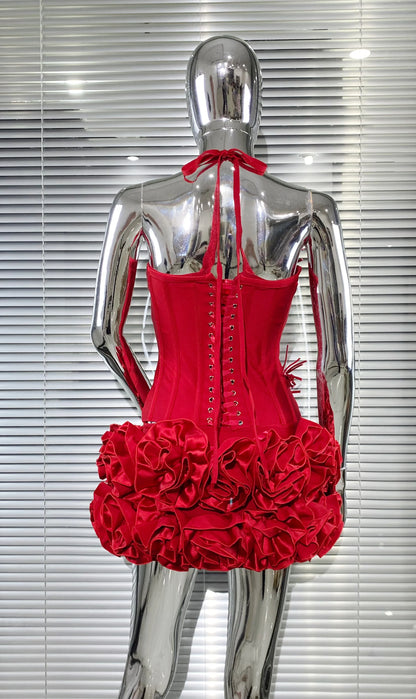 Black Red Color Women Sexy Strapless Laced-up Tops Florlas Bodycon Mini Skirt Set Celebrate Birthday Party Cocktail Dress