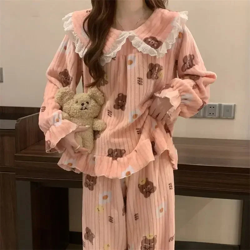 Ruffles Pajamas for Women Autumn Winter Peter Pan Collar Ruffle Sleeve Pajama Top and Elastice Waist Pants 2 Pcs Pajama Sets