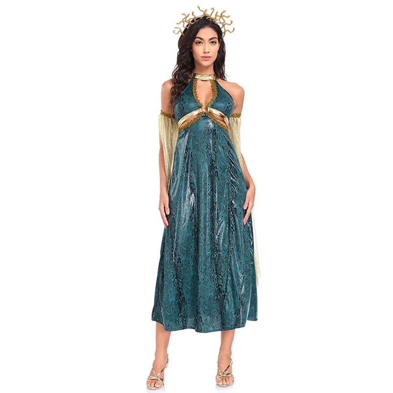 Women Retro Medusa Snake Costume With Headband Sexy Snake Demon Goddess Roleplay Long Slit Dress Halloween Cosplay Party Costume