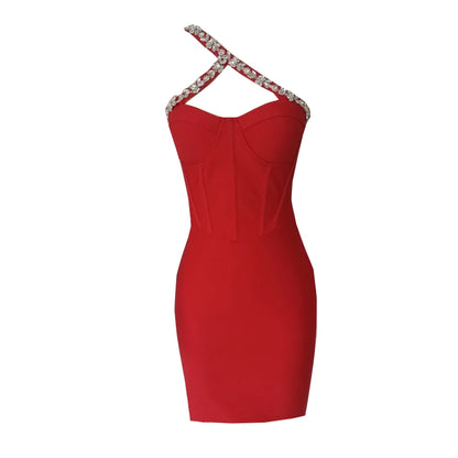 New Sexy Women Mini Bandage Dress One Shoulder Collar Rhinestone Decorated Shoulder Strap Bodycon Dresses Party Vestido
