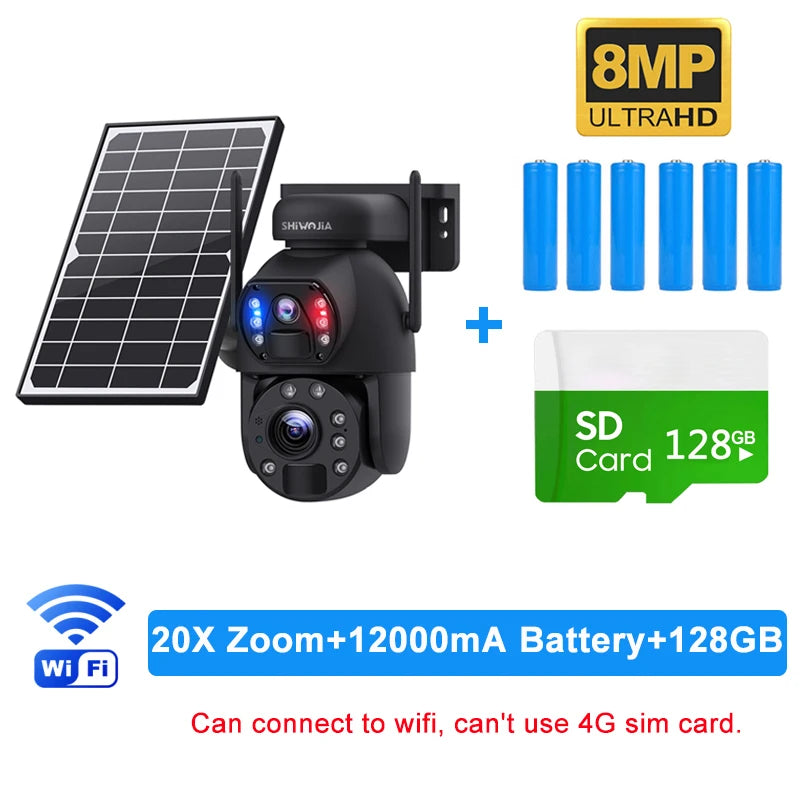 SHIWOJIA 4K 8MP 4G Solar Camera 20X Zoom Dual Lens Recording Humanoid Tracking Outdoor WIFI Camera Metal Waterproof CCTV