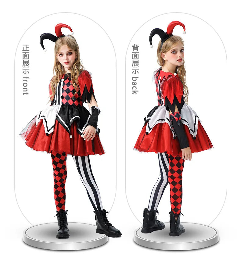 Naughty Girls Clown Costume Kids Circus Scary Tutu Dress Halloween Cosplay Costumes Carnival Party Jester Dress Up Full Set
