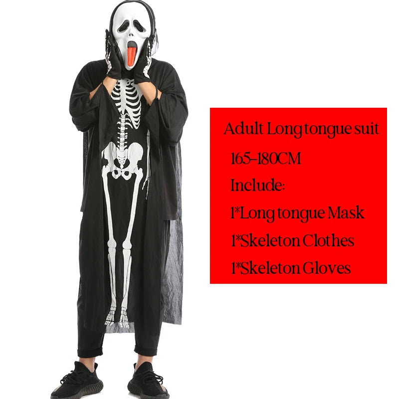 Halloween Scary Skeleton Ghost Cosplay Costume Masks Gloves Costume Suit Masquerade Carnival Horror Clothes for Adults Kids
