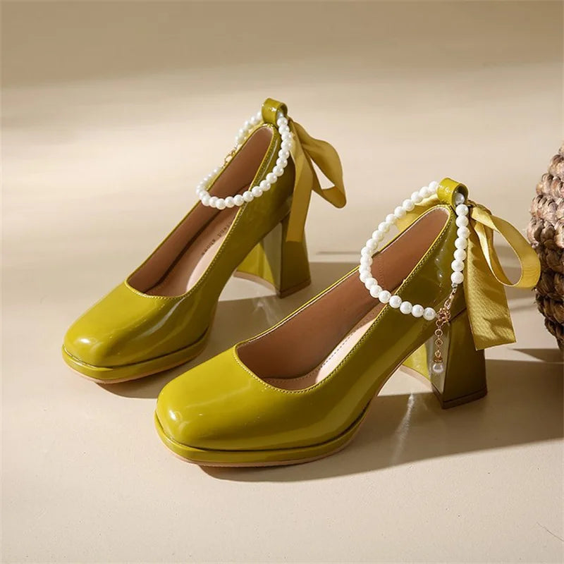 Ladies High Heels Elegant Bow Square Toe Black Fashion Women's Pumps Thick Heel Wedding Party Pearl Lace Wedding Shoes for Women