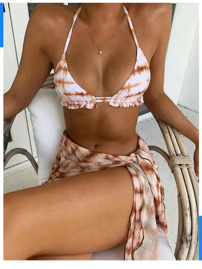 3 Piece Bikini Set Sexy Swimwear Swimsuit Women Triangle Leopard Rainbow Tie Dye Bikinis Set Bathing Suit Beach Skirt Cover Up