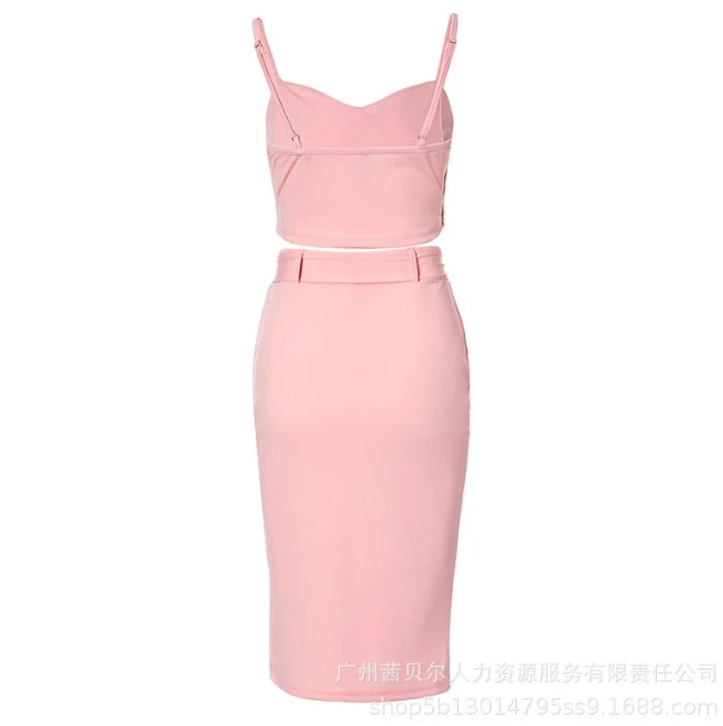 Two Piece Set Women Outfit Summer Fashion Button Decor Spaghetti Strap Crop Cami Top & High Waist Split Midi Skirt Set