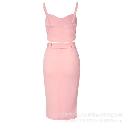 Two Piece Set Women Outfit Summer Fashion Button Decor Spaghetti Strap Crop Cami Top & High Waist Split Midi Skirt Set