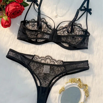 2-piece women's black sexy female lingerie lightweight bow semi transparent lingerie set sexy Lace women's bra and panty set