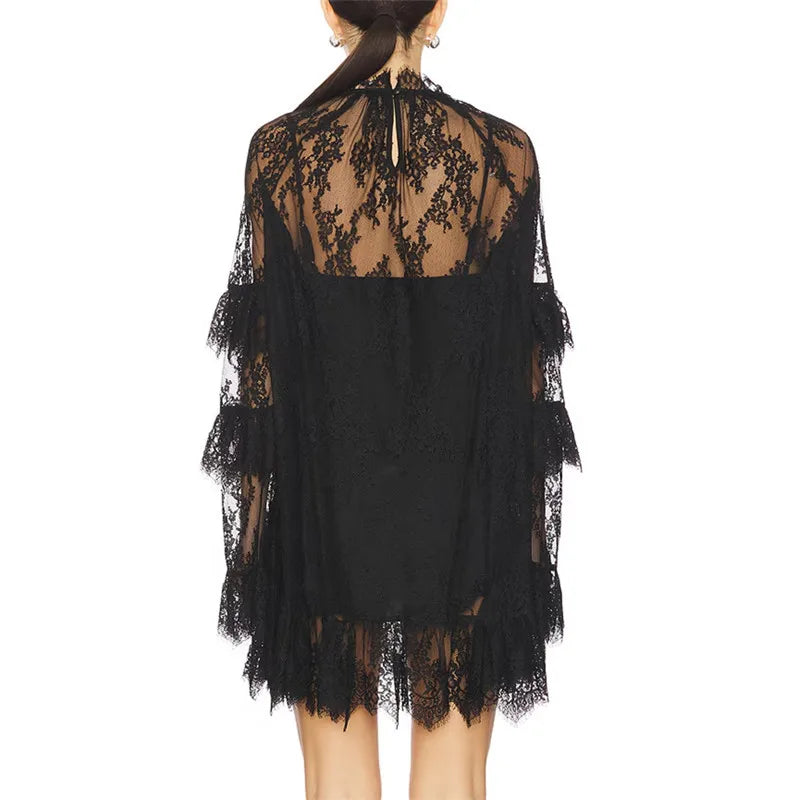 hirigin Women Lace Sheer Dress Sexy See Through Mesh Long Sleeve High Neck Floral Cover Up Cocktail Party Mini Dresses