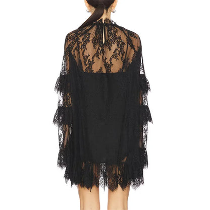 hirigin Women Lace Sheer Dress Sexy See Through Mesh Long Sleeve High Neck Floral Cover Up Cocktail Party Mini Dresses