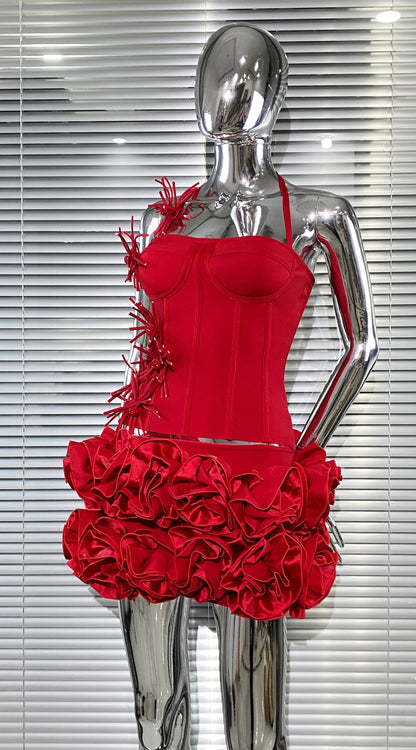 Black Red Color Women Sexy Strapless Laced-up Tops Florlas Bodycon Mini Skirt Set Celebrate Birthday Party Cocktail Dress
