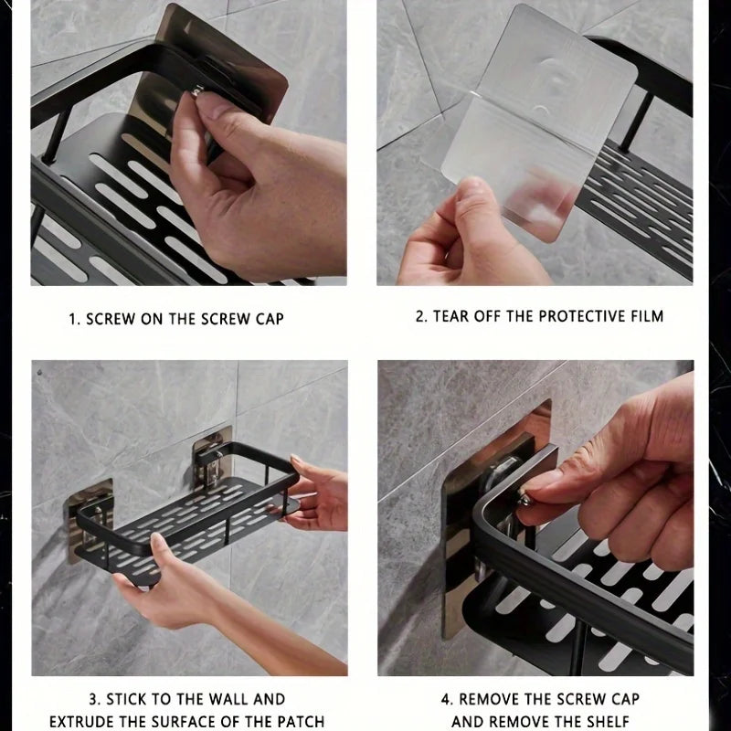 1pc Non-Drill Aluminum Bathroom Storage Rack - Wall-Mounted Corner Shelf for Shampoo, Makeup, and Accessories