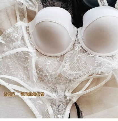 Sexy Lingerie Women Lace Transparent Underwear Embroidery Brief Set Delicate Bra Push Up Lace Gathered Edge Bra and Panty Set