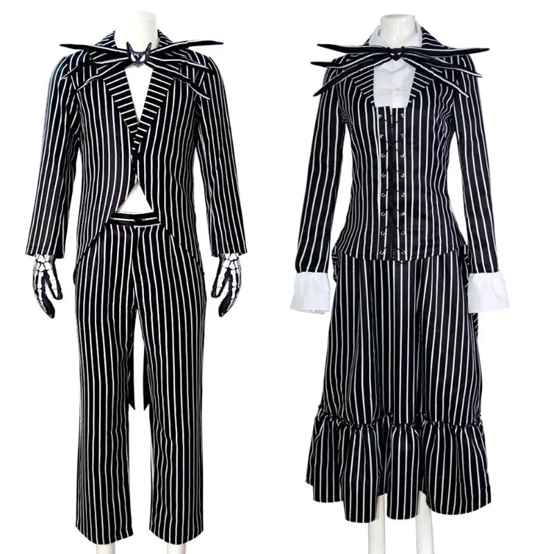 Christmas Eve Costume Jack on Skeleton Men's Women's Full Sally Black and White Stripes Cosplay Halloween
