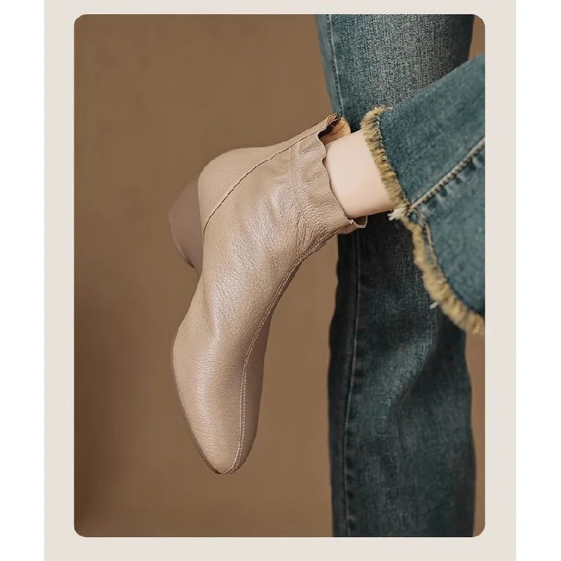 2025 Autumn Winter New Women's Soft Leather Ankle Boots - Block Low Heel, Side Zipper, Comfortable for Commuting