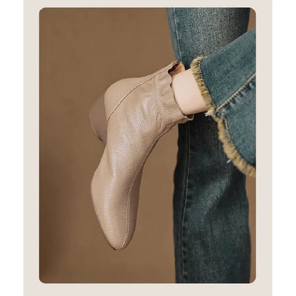 2025 Autumn Winter New Women's Soft Leather Ankle Boots - Block Low Heel, Side Zipper, Comfortable for Commuting