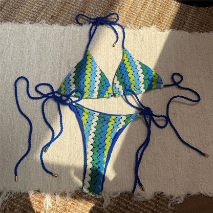 Colorful Halter Bikini Women Swimwear Female Swimsuit Two-pieces Bikini set High Leg Cut Padded Bather Bathing Suit Swim V6991