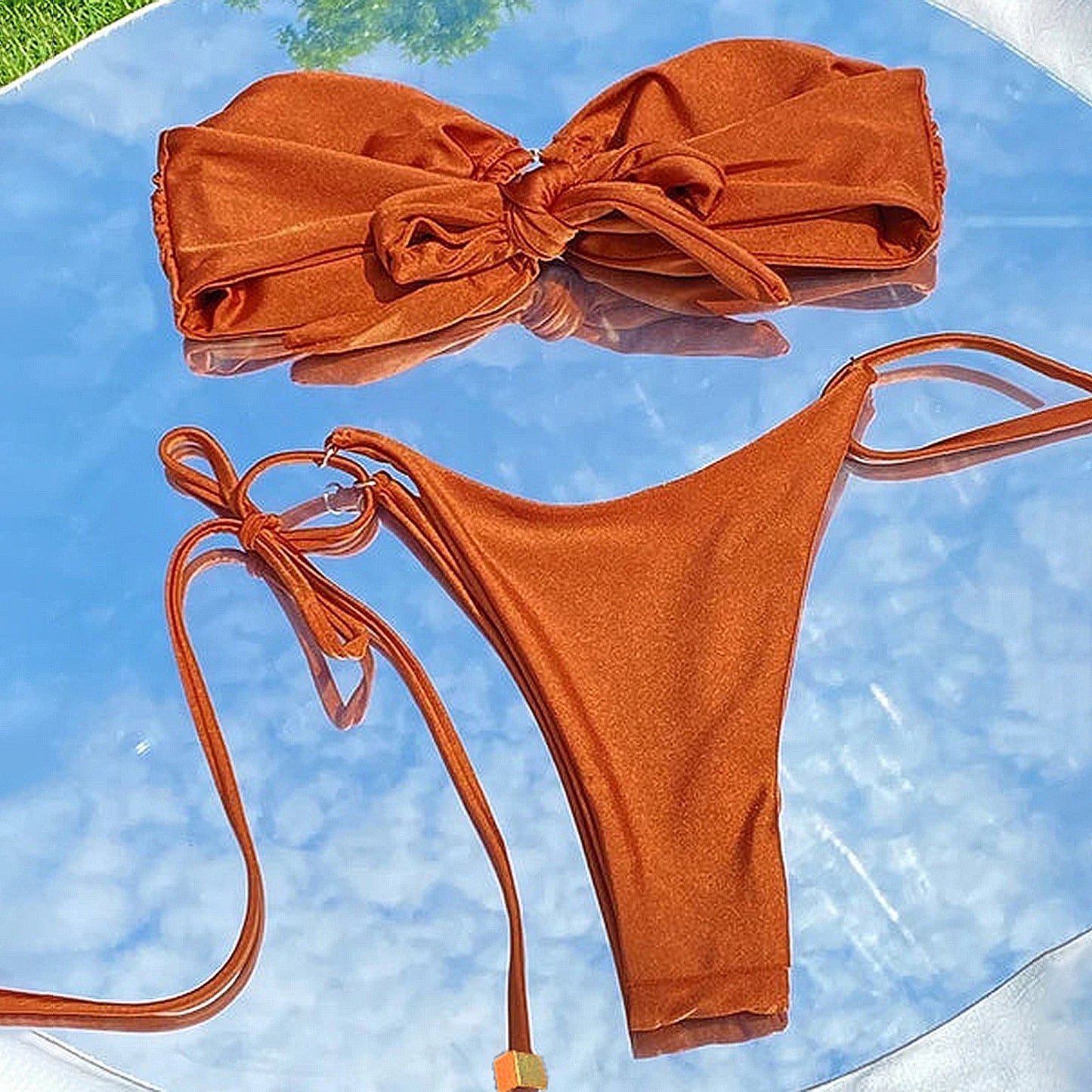 Yiiciovy 2025 New Swimsuit For Women Micro Bikini Set Solid Color Metal Ring Strapless Push Up Bra with Tie-up Shorts Swimsuit