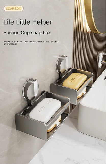 No-Drill Bathroom Soap Holder - Suction Cup Wall Mount Organizer Double Drainage, Holds Soap & Sponge, Space-Saving Storage Rack