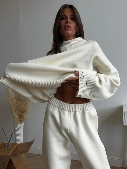 Bornladies Autumn Winter Women's New Turtleneck Knit Sweater Skinny Knit Pants Set Soft Oversized Ripped Hem Fashion Pullover
