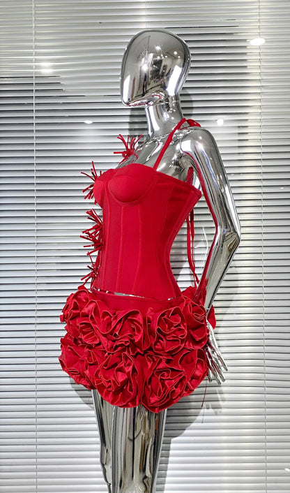 Black Red Color Women Sexy Strapless Laced-up Tops Florlas Bodycon Mini Skirt Set Celebrate Birthday Party Cocktail Dress