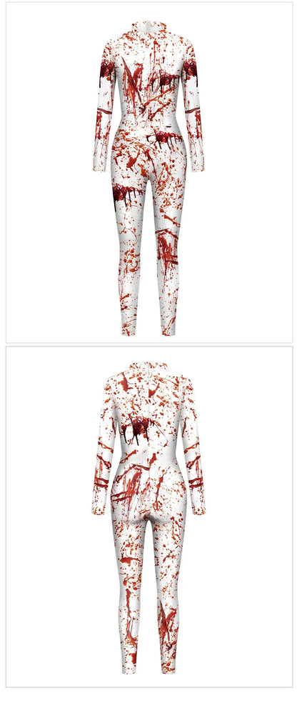 Women's Halloween Horror Role Bloodstained Jumpsuit Scary Cosplay Costume Bodysuit Uniform for Party