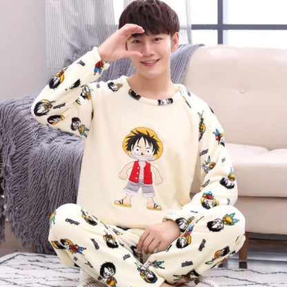 Autumn Winter Oversized Cartoon Print Pajamas for Men Letter Crew Neck New 2025 Men's Pajamas Set Fashion Soft Casual Homewear