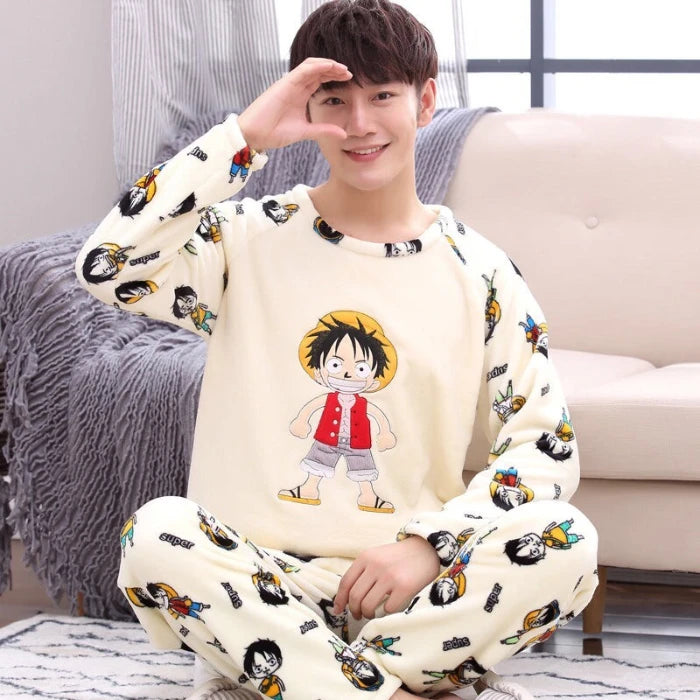 Autumn Winter Oversized Cartoon Print Pajamas for Men Letter Crew Neck New 2025 Men's Pajamas Set Fashion Soft Casual Homewear