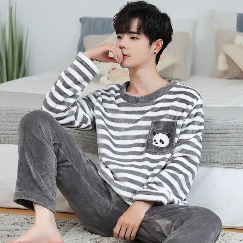 Autumn Winter Oversized Cartoon Print Pajamas for Men Letter Crew Neck New 2025 Men's Pajamas Set Fashion Soft Casual Homewear