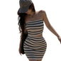 Women Summer Two Piece Set Women's Top Skirt Two Piece Set High WaistedSkirt Knitted Tube Top Stripe Casual Slim