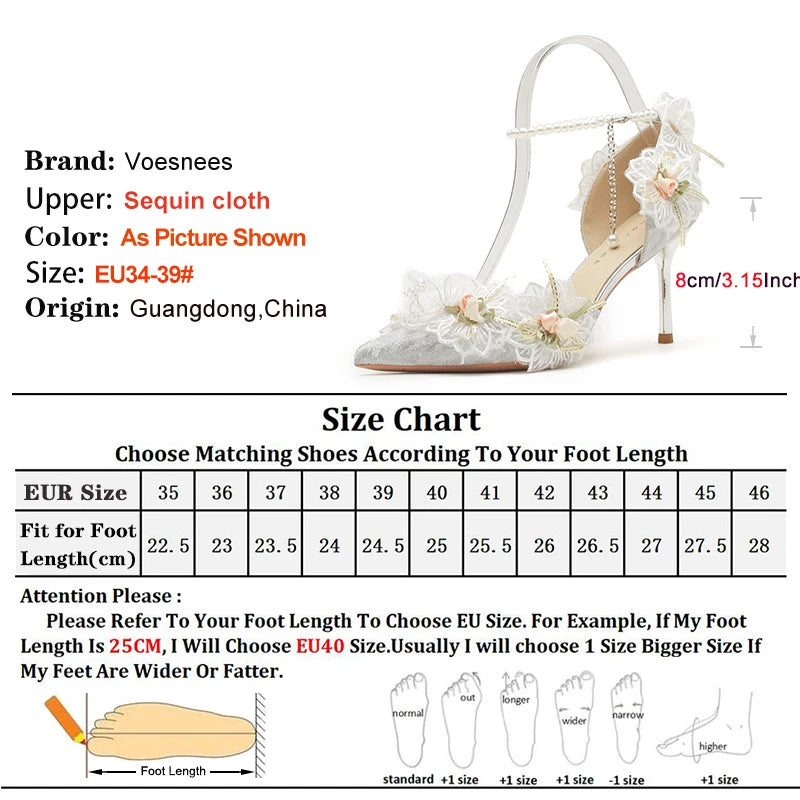 Women's Pumps Elegant Lady Evening Party Dress Prom Shoes 8CM Lace Flower Pearls Single Shoes Spring Summer Pointed High Heels