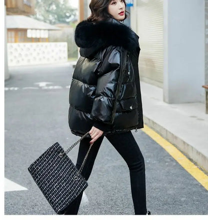 2025 Winter Fashion New Warm Duck Down Jacket Women's Clothes Glossy Fur collar Thicken Parka Short Down Coat Female Trend